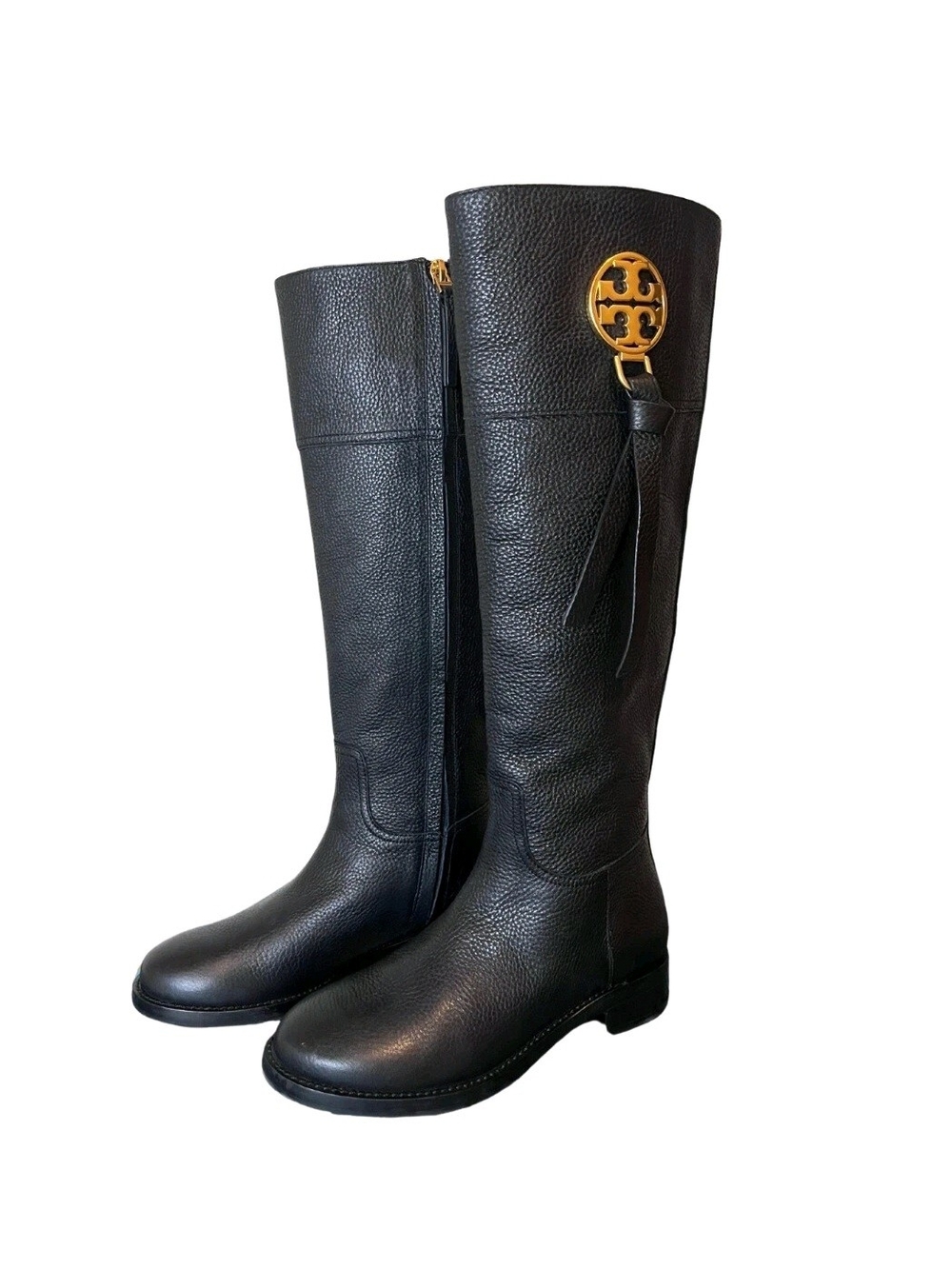 Tory Burch Black Leather Knee-High Boots with Gold Logo Logo